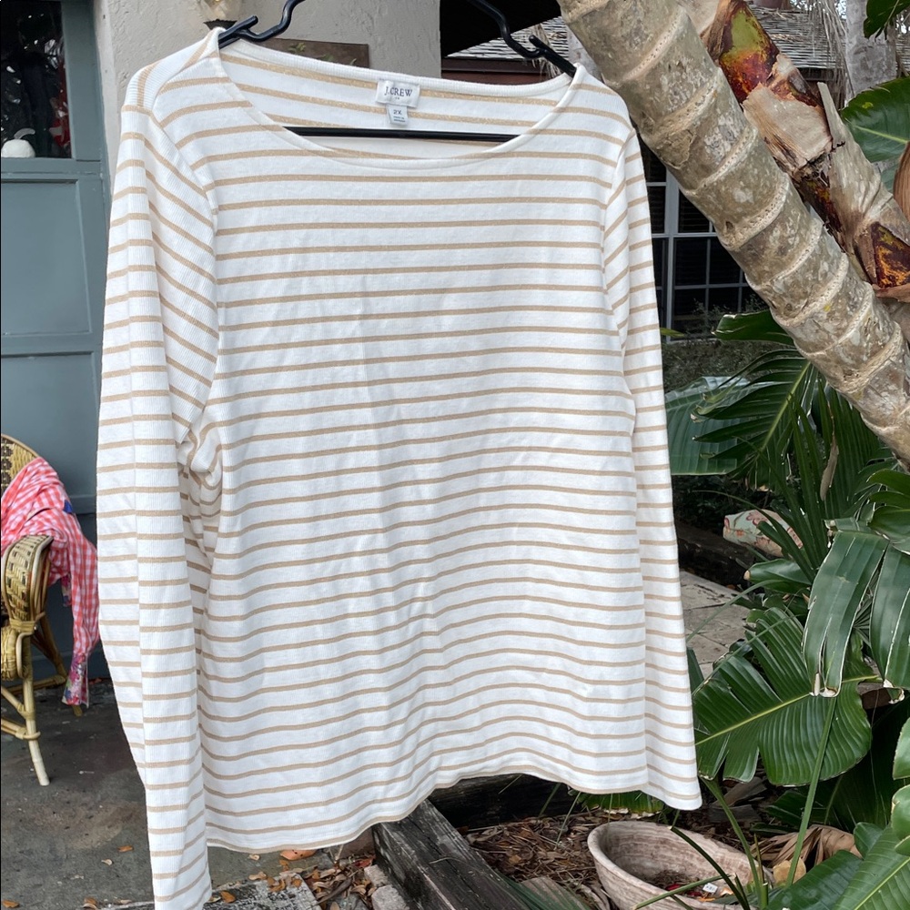 Gold and white striped boat neck top
